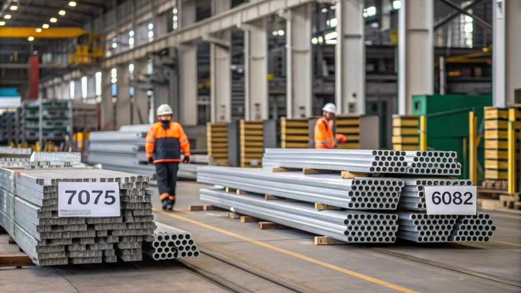 A comparative infographic visually highlighting the key differences between 7075 and 6082 aluminum alloys.